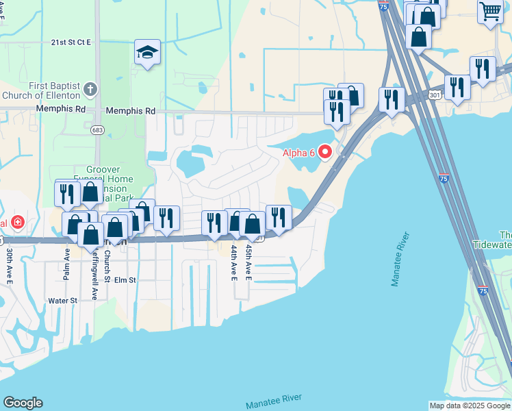map of restaurants, bars, coffee shops, grocery stores, and more near 1110 45th Avenue Drive East in Ellenton