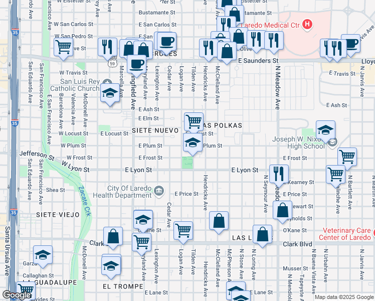map of restaurants, bars, coffee shops, grocery stores, and more near 3000 Tilden Avenue in Laredo