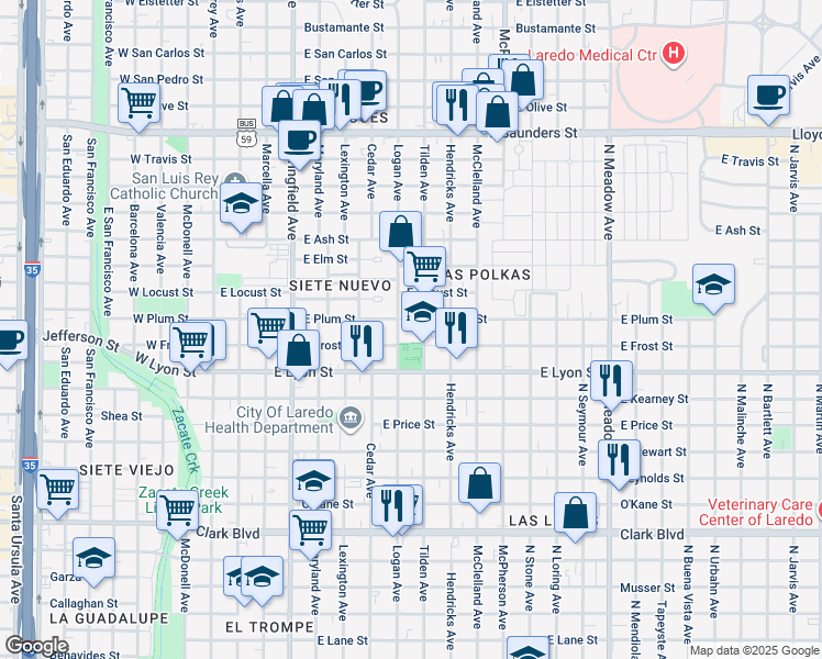 map of restaurants, bars, coffee shops, grocery stores, and more near 3000 Tilden Avenue in Laredo