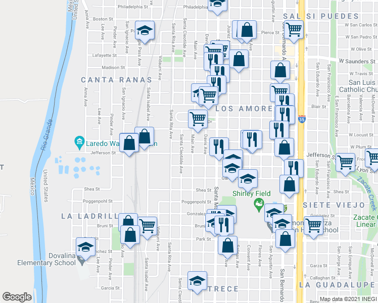 map of restaurants, bars, coffee shops, grocery stores, and more near 1712 Jefferson Street in Laredo