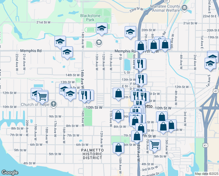 map of restaurants, bars, coffee shops, grocery stores, and more near 1126 11th Avenue West in Palmetto