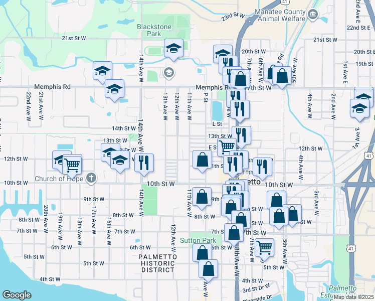 map of restaurants, bars, coffee shops, grocery stores, and more near 1126 11th Avenue West in Palmetto