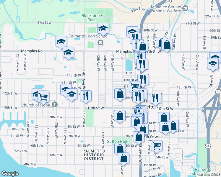 map of restaurants, bars, coffee shops, grocery stores, and more near 1204 12th Avenue West in Palmetto