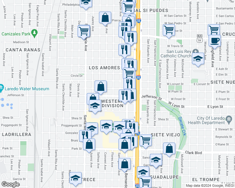map of restaurants, bars, coffee shops, grocery stores, and more near 2704 San Agustin Avenue in Laredo