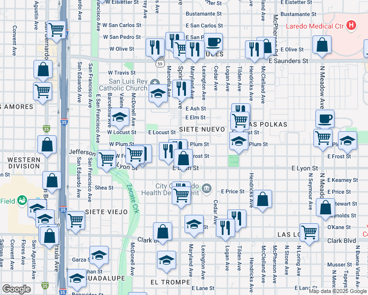 map of restaurants, bars, coffee shops, grocery stores, and more near 3004 Maryland Avenue in Laredo