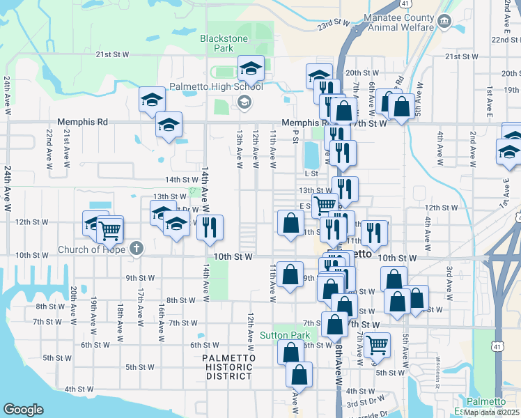 map of restaurants, bars, coffee shops, grocery stores, and more near 1204 12th Avenue West in Palmetto