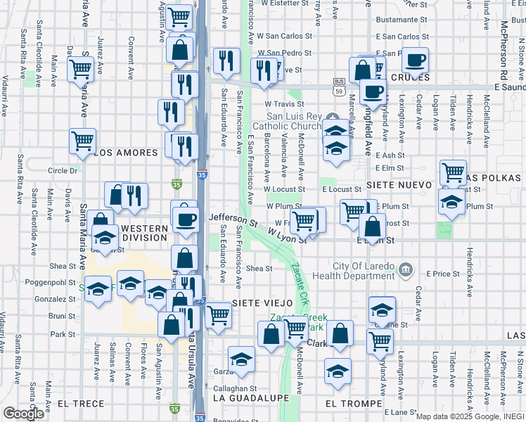 map of restaurants, bars, coffee shops, grocery stores, and more near 414 West Frost Street in Laredo