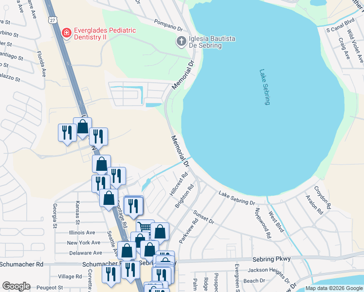 map of restaurants, bars, coffee shops, grocery stores, and more near 622 Memorial Drive in Sebring