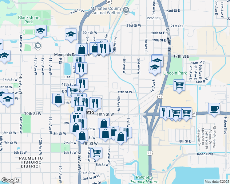 map of restaurants, bars, coffee shops, grocery stores, and more near 1201 Martin Luther King Place in Palmetto