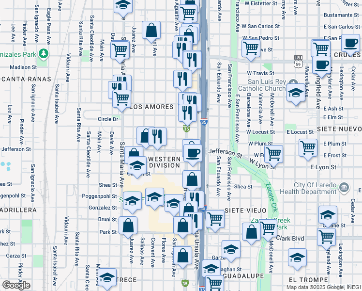 map of restaurants, bars, coffee shops, grocery stores, and more near 2620 San Agustin Avenue in Laredo