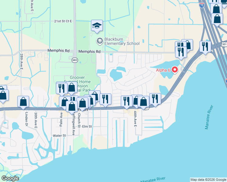 map of restaurants, bars, coffee shops, grocery stores, and more near 4105 12th Street East in Ellenton