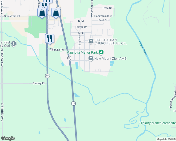 map of restaurants, bars, coffee shops, grocery stores, and more near 519 Baker Street in Wauchula