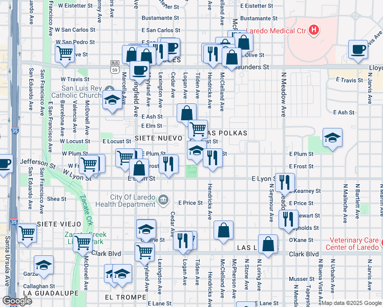 map of restaurants, bars, coffee shops, grocery stores, and more near 801 East Plum Street in Laredo