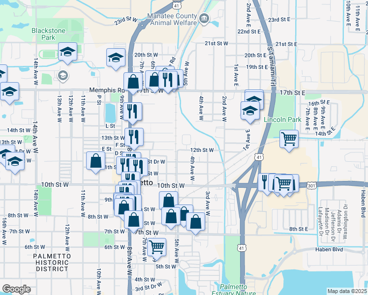 map of restaurants, bars, coffee shops, grocery stores, and more near 1243 Doctor Martin Luther King Junior Place in Palmetto