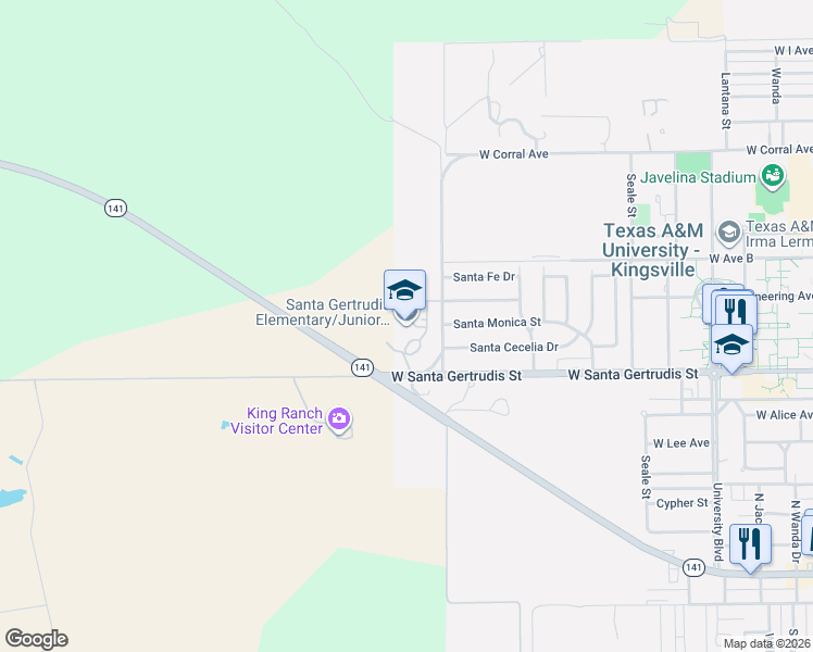 map of restaurants, bars, coffee shops, grocery stores, and more near 803 Santa Rosa Drive in Kingsville