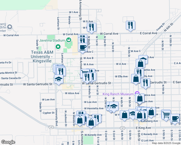 map of restaurants, bars, coffee shops, grocery stores, and more near 706 West Nettie Avenue in Kingsville