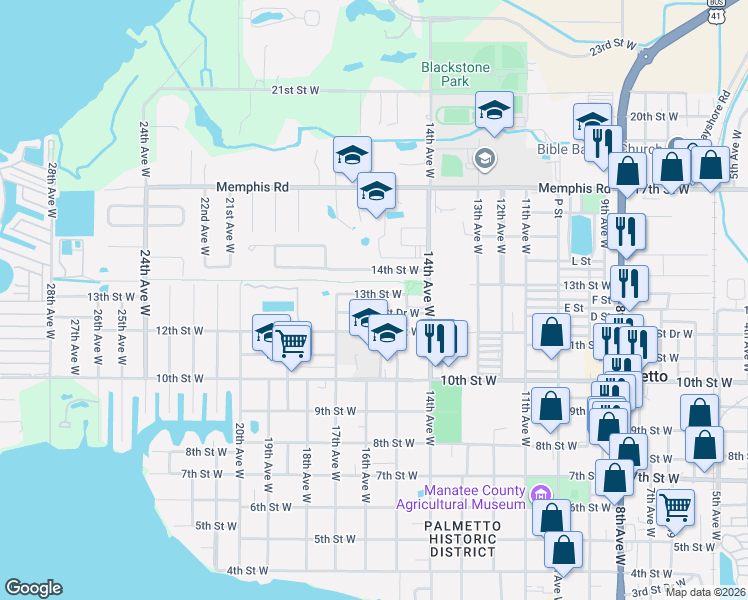 map of restaurants, bars, coffee shops, grocery stores, and more near 1614 13th Street West in Palmetto