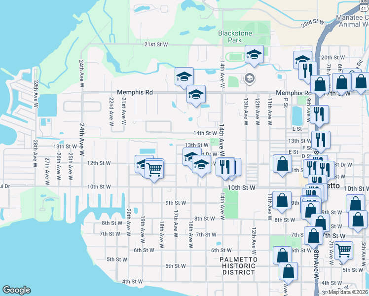 map of restaurants, bars, coffee shops, grocery stores, and more near 1614 13th Street West in Palmetto