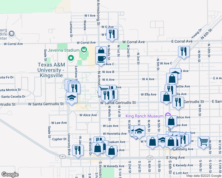 map of restaurants, bars, coffee shops, grocery stores, and more near 629 West Nettie Avenue in Kingsville