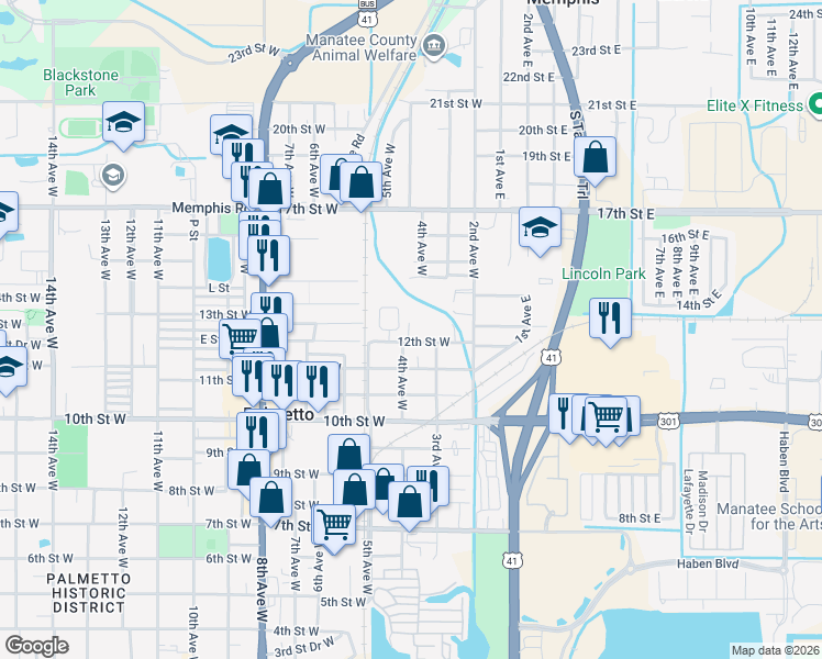 map of restaurants, bars, coffee shops, grocery stores, and more near 1212 Doctor Martin Luther King Junior Place in Palmetto