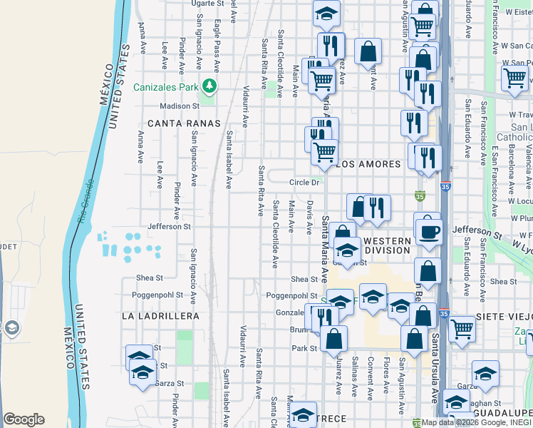map of restaurants, bars, coffee shops, grocery stores, and more near 2805 Santa Cleotilde Avenue in Laredo