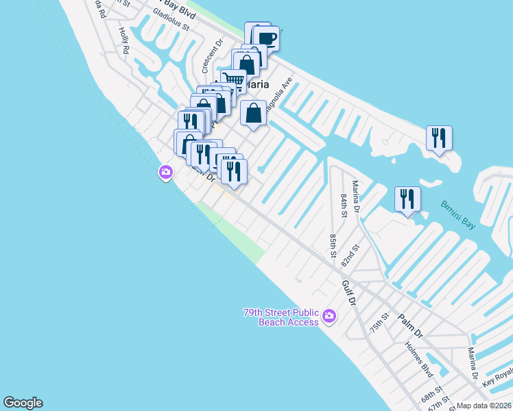 map of restaurants, bars, coffee shops, grocery stores, and more near 206 Willow Avenue in Anna Maria