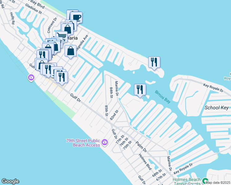 map of restaurants, bars, coffee shops, grocery stores, and more near 8314 Marina Drive in Holmes Beach