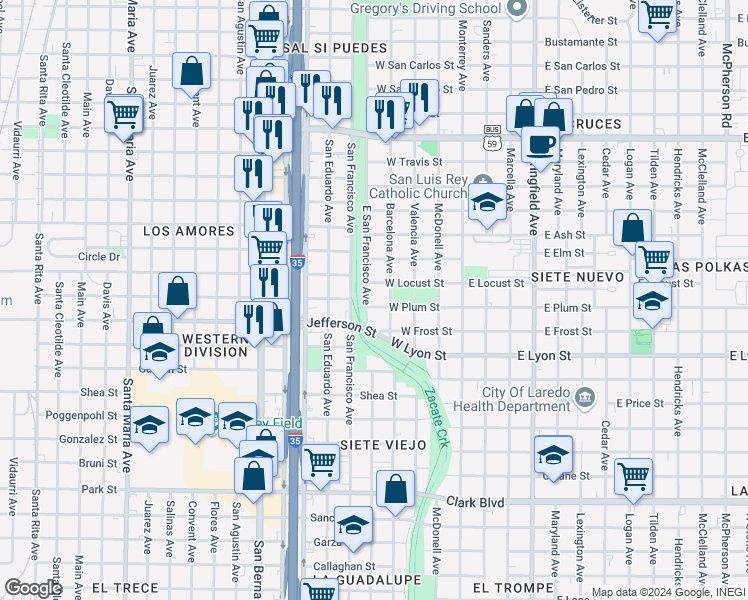 map of restaurants, bars, coffee shops, grocery stores, and more near 417 West Locust Street in Laredo