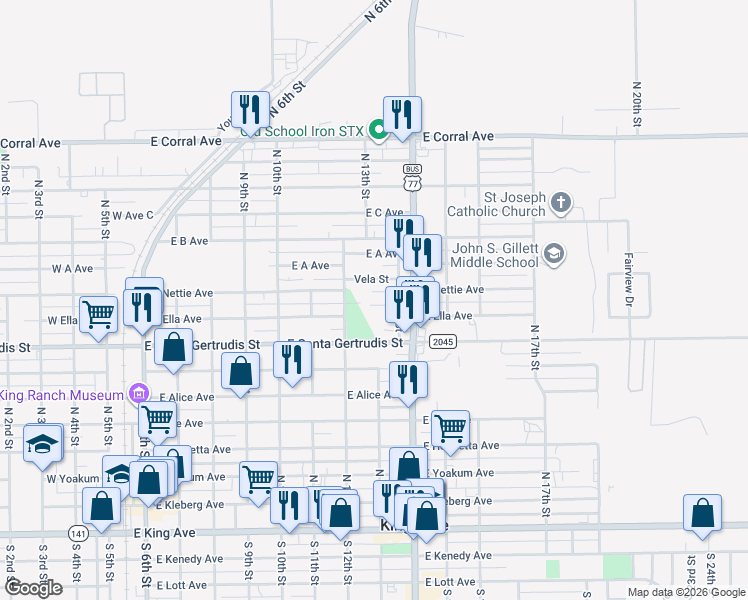 map of restaurants, bars, coffee shops, grocery stores, and more near 830 East Ella Avenue in Kingsville