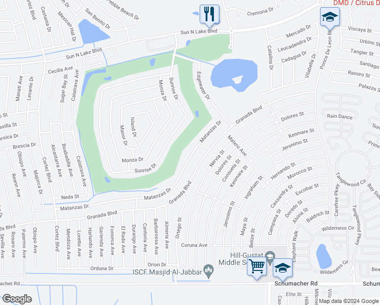 map of restaurants, bars, coffee shops, grocery stores, and more near 5630 Matanzas Drive in Sebring