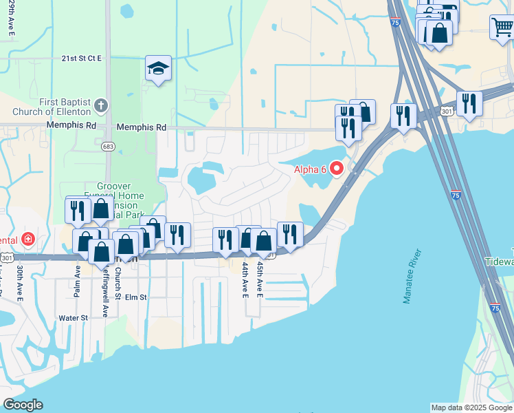 map of restaurants, bars, coffee shops, grocery stores, and more near 4405 13th Street East in Ellenton