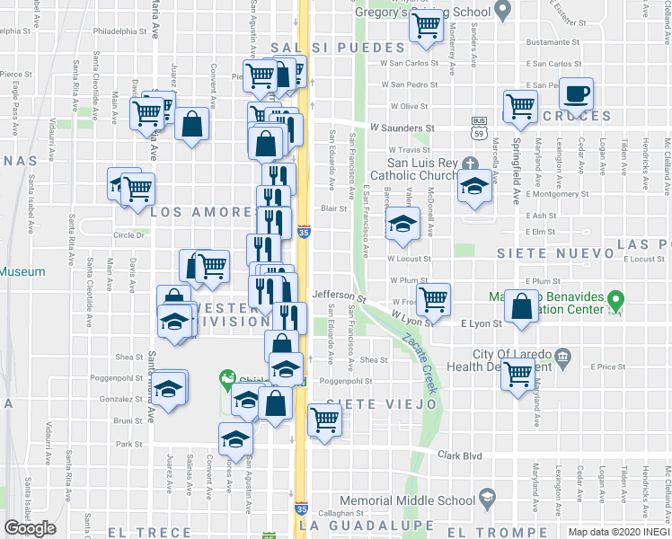 map of restaurants, bars, coffee shops, grocery stores, and more near 2801 San Eduardo Avenue in Laredo