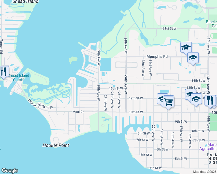 map of restaurants, bars, coffee shops, grocery stores, and more near 2608 13th Street West in Palmetto