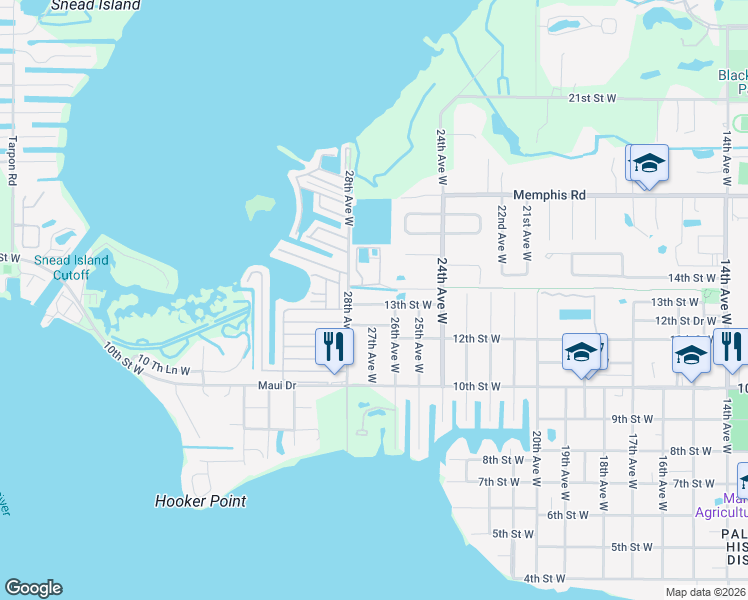 map of restaurants, bars, coffee shops, grocery stores, and more near 2608 13th Street West in Palmetto