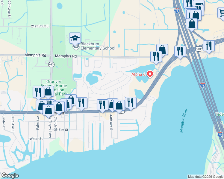 map of restaurants, bars, coffee shops, grocery stores, and more near 4405 13th Street East in Ellenton