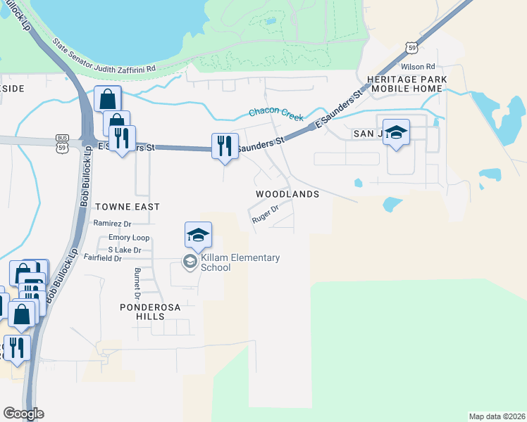 map of restaurants, bars, coffee shops, grocery stores, and more near 5913 Colt Drive in Laredo