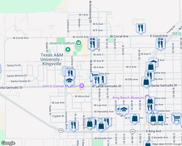 map of restaurants, bars, coffee shops, grocery stores, and more near 915 North Armstrong Street in Kingsville