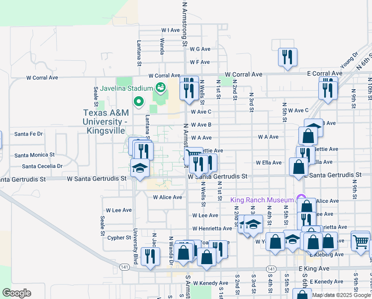 map of restaurants, bars, coffee shops, grocery stores, and more near 915 North Armstrong Street in Kingsville