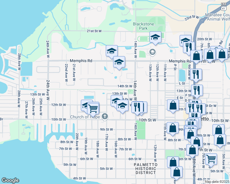 map of restaurants, bars, coffee shops, grocery stores, and more near 1614 13th Street West in Palmetto