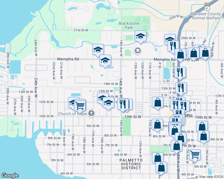 map of restaurants, bars, coffee shops, grocery stores, and more near 1504 13th Street West in Palmetto