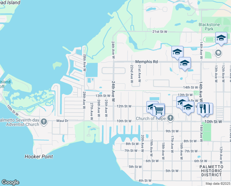 map of restaurants, bars, coffee shops, grocery stores, and more near 1222 24th Avenue West in Palmetto