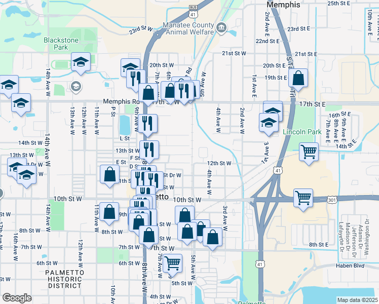 map of restaurants, bars, coffee shops, grocery stores, and more near 504 12th Street Drive West in Palmetto