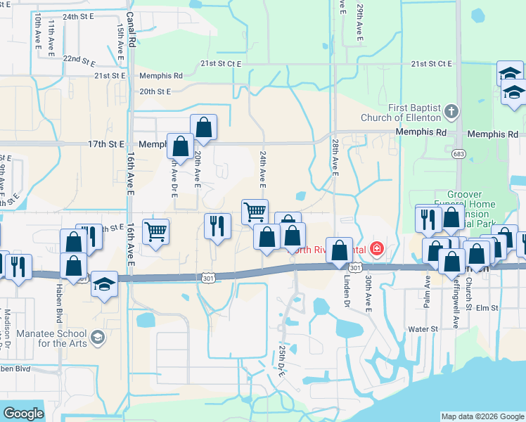 map of restaurants, bars, coffee shops, grocery stores, and more near 1305 24th Avenue East in Palmetto