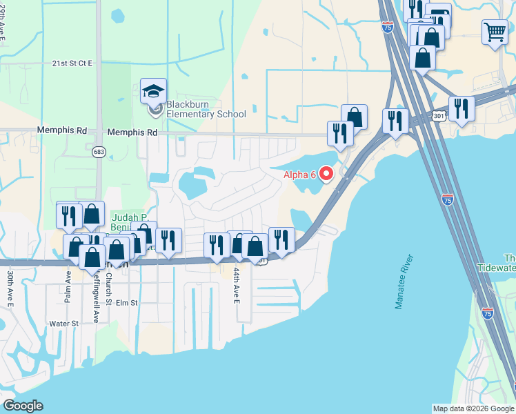 map of restaurants, bars, coffee shops, grocery stores, and more near 1217 45th Avenue Drive East in Ellenton