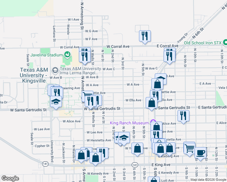 map of restaurants, bars, coffee shops, grocery stores, and more near 430 West Nettie Avenue in Kingsville