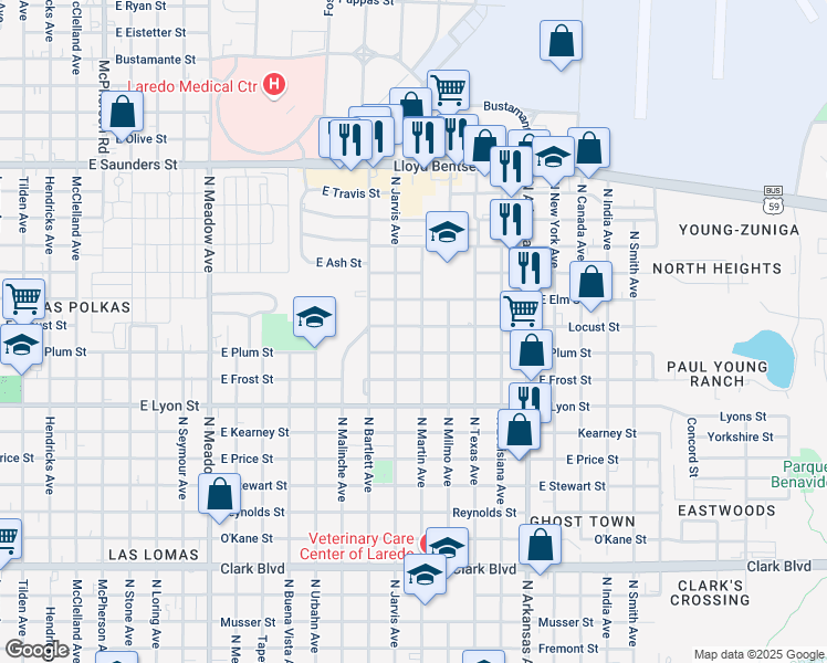 map of restaurants, bars, coffee shops, grocery stores, and more near 2315 East Locust Street in Laredo