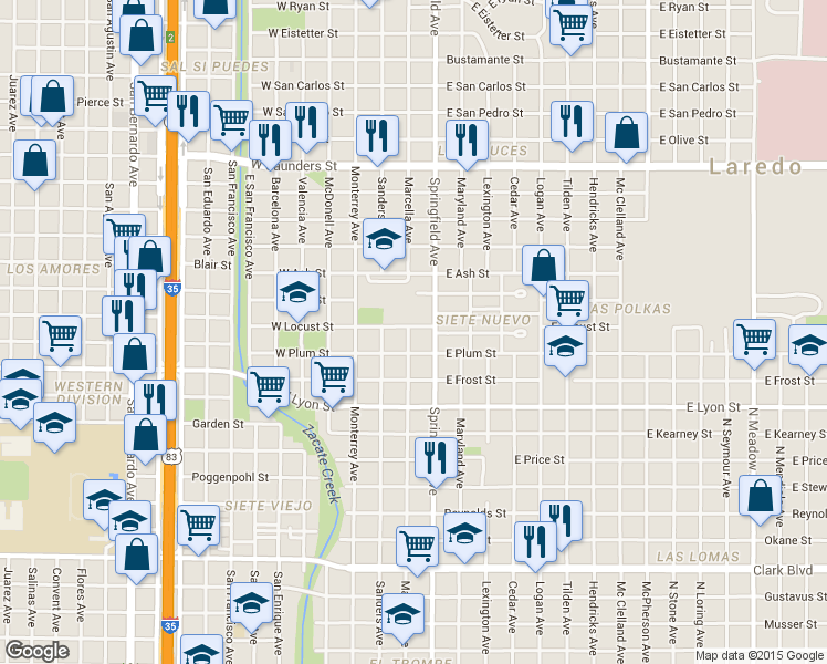 map of restaurants, bars, coffee shops, grocery stores, and more near 301 East Locust Street in Laredo