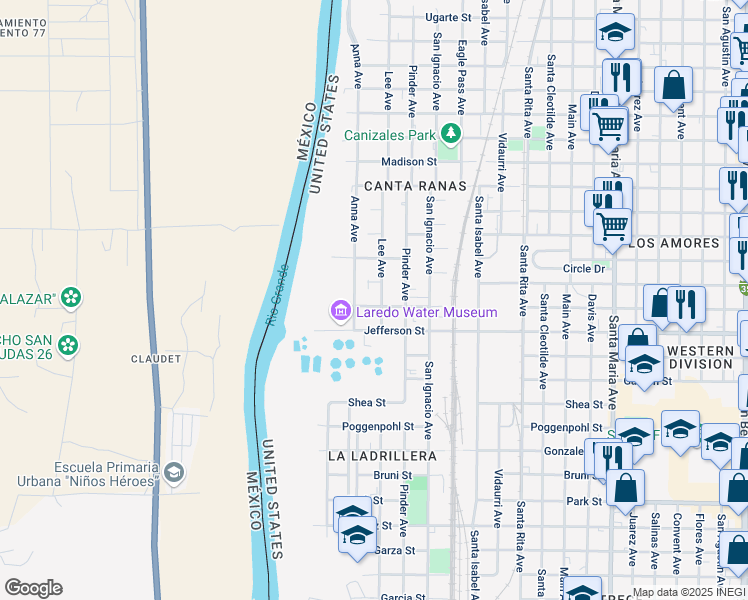 map of restaurants, bars, coffee shops, grocery stores, and more near 2506 Alamo Street in Laredo