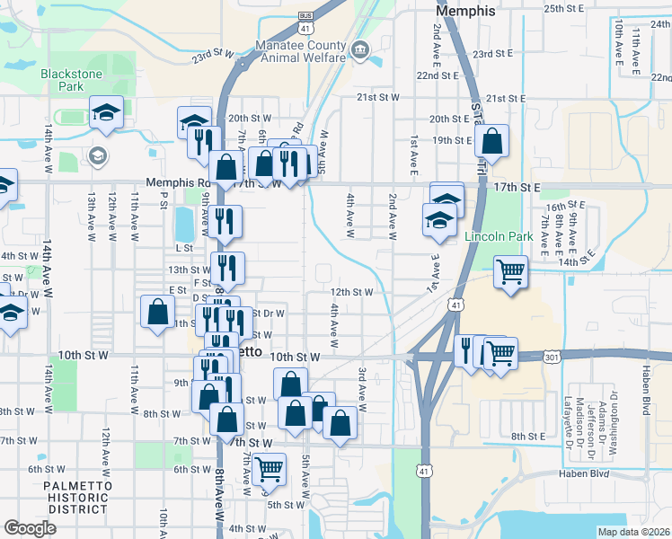 map of restaurants, bars, coffee shops, grocery stores, and more near 1212 Doctor Martin Luther King Junior Place in Palmetto