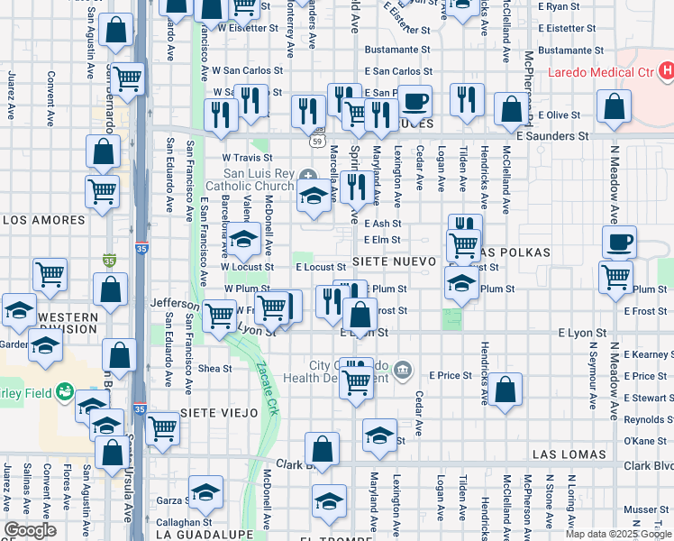 map of restaurants, bars, coffee shops, grocery stores, and more near 301 East Locust Street in Laredo